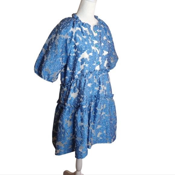 Maeve By Anthropologie Tiered Jacquard Lace Dress Puff Sleeve Blue Size Small - Picture 5 of 9
